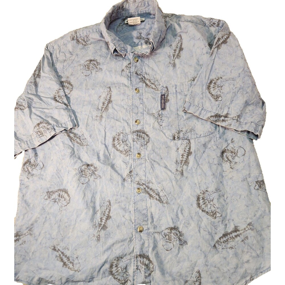 Columbia Shirt Men’s Large Blue Button Down Short Sleeve Fish Print Casual